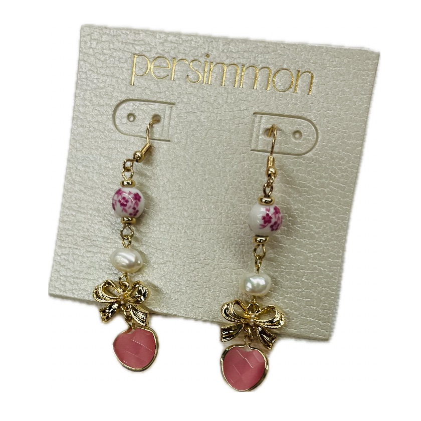 Nwt Persimmon Adorable Dangle Earrings With Pearls, Golden Bows Accents